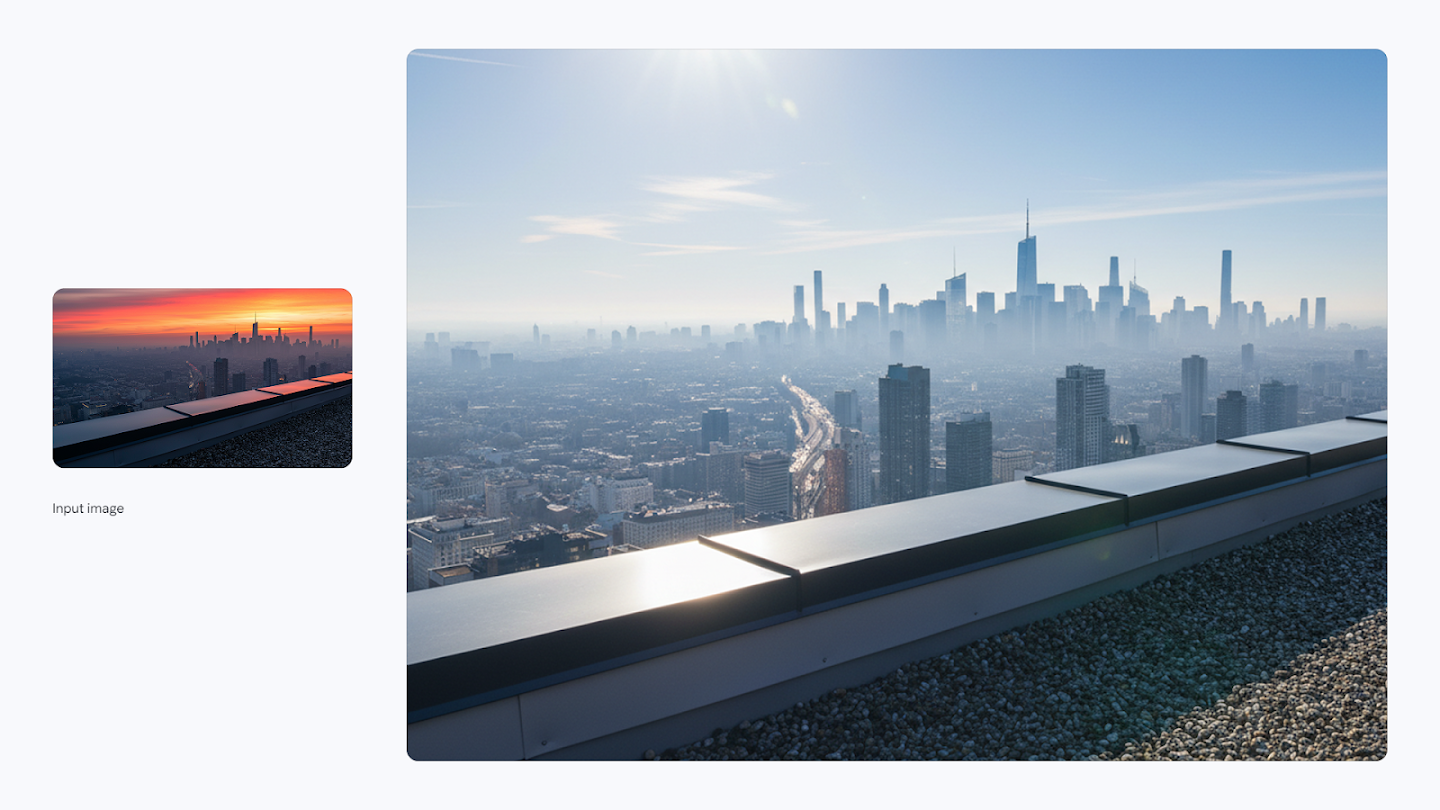 AI-generated image of: a side-by-side comparison showing image editing. On the left is a small input image of a city skyline at sunset from a rooftop. On the right, the edited, full-size image shows the scene transformed to daytime under a bright, clear sun, with the city skyline visible through a light haze.