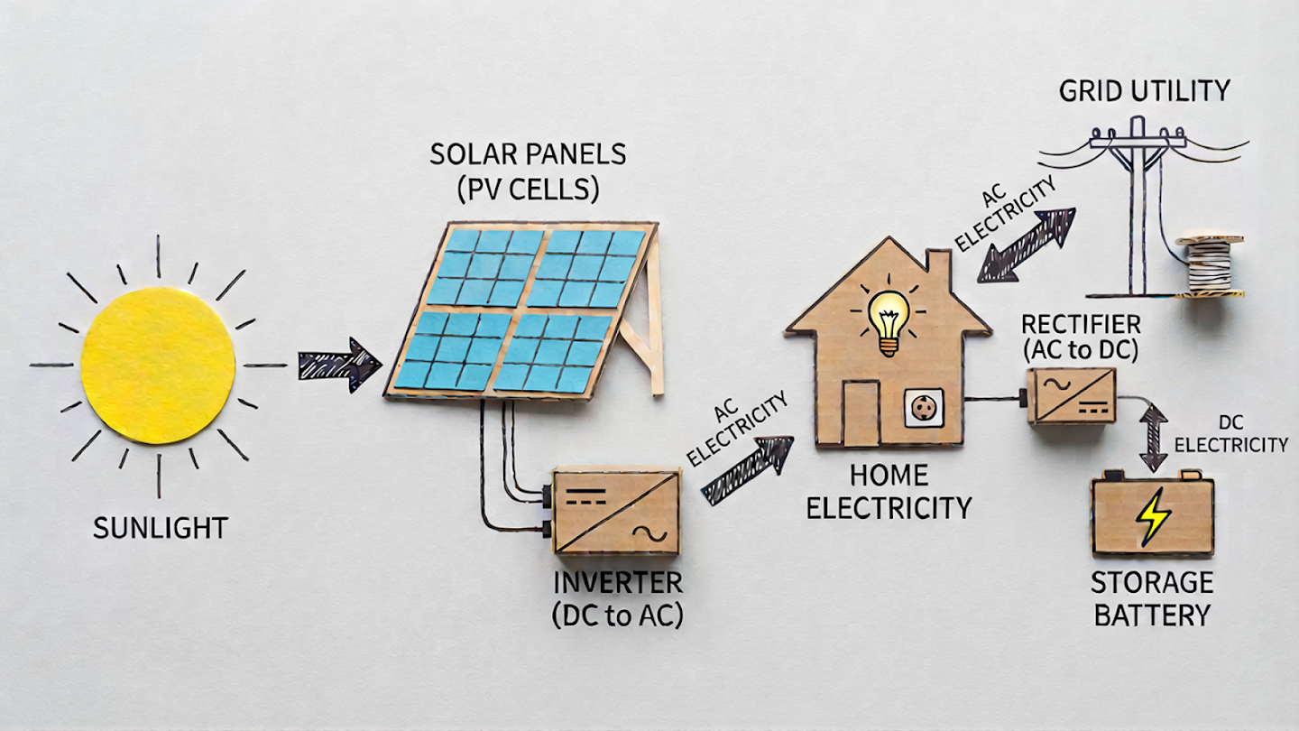 A hand-drawn diagram illustrating a home solar energy system. It shows sunlight hitting solar panels to create energy, which travels through an inverter to power a house. The system includes connections to a storage battery and the main utility grid.
