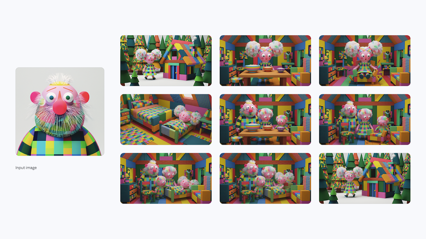 A demonstration of consistent character style in AI image generation. On the left is a labeled 'Input image' featuring a close-up 3D render of a man with pink skin, a bulbous nose, a rainbow-colored beard, and a checkered shirt. On the right is a grid of nine scene illustrations retelling the story of 'Goldilocks and the Three Bears' in the same vibrant, colorful, patchwork aesthetic. The scenes depict a girl with colorful pigtails entering a geometric house, eating porridge, breaking a chair, sleeping in a bed, and finally being discovered by a family of three—who all share the input character's distinct colorful beard and style—before she runs away.