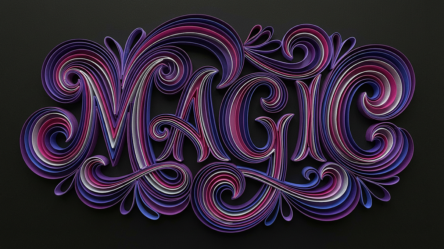 The word 'MAGIC' created using intricate paper quilling art, formed by swirling strips of purple, pink, white, and blue paper against a black background.