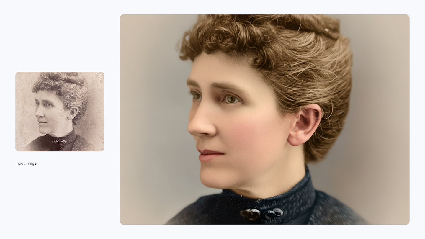 AI-generated image of: a side-by-side comparison showing image editing. On the left is a small input image of an aged, sepia-toned profile portrait of a woman. On the right, the edited, full-size image shows the portrait restored and colorized, revealing a clearer, younger image of the woman with natural skin tones and brown hair.