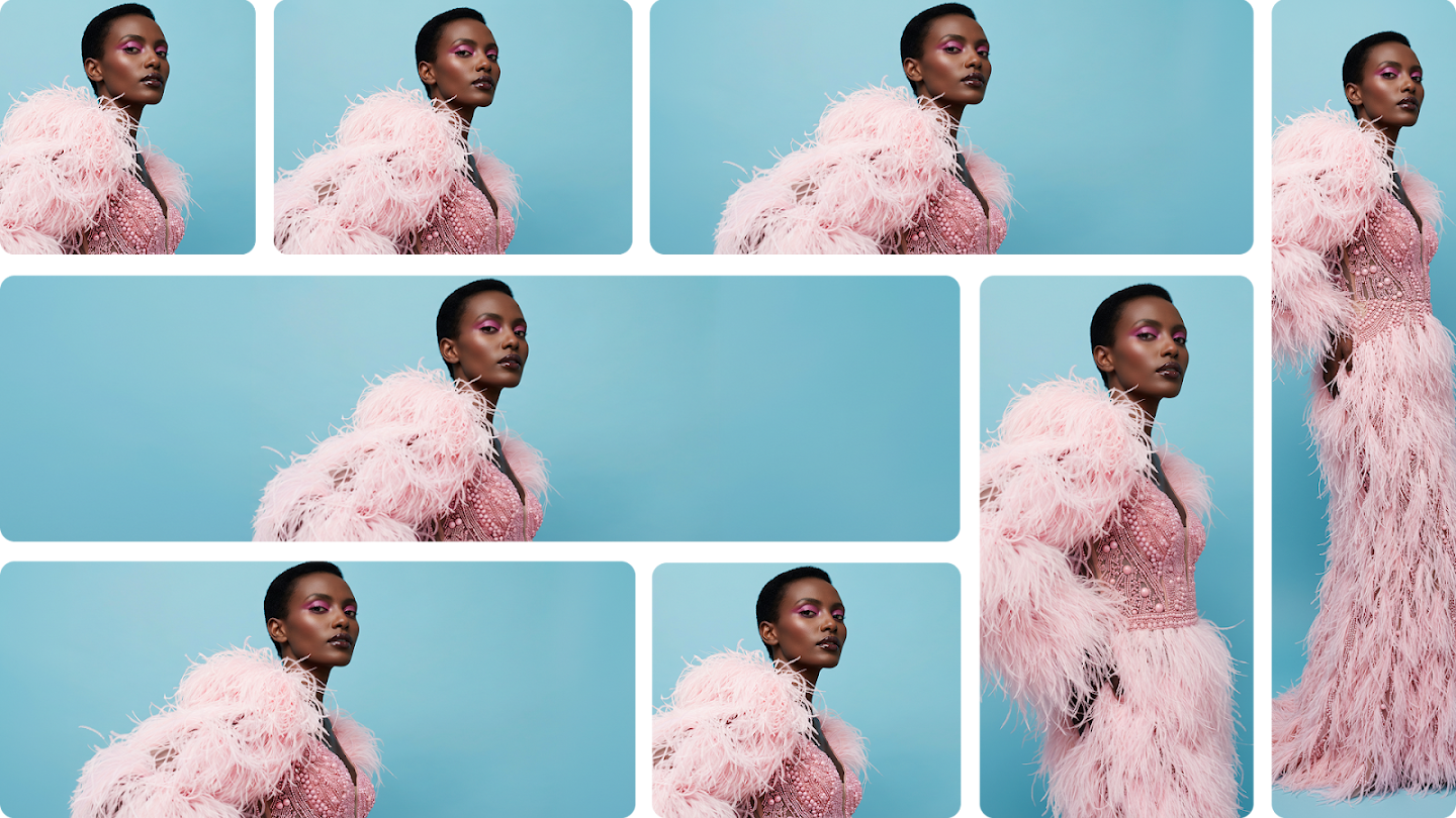 Collage of fashion photography featuring a Black model with short hair against a solid blue background. She is wearing an elaborate pink gown detailed with pearls, beads, and voluminous feathers, and wears matching pink eyeshadow. The grid includes close-ups of her face and bodice, as well as a full-length shot of the gown.