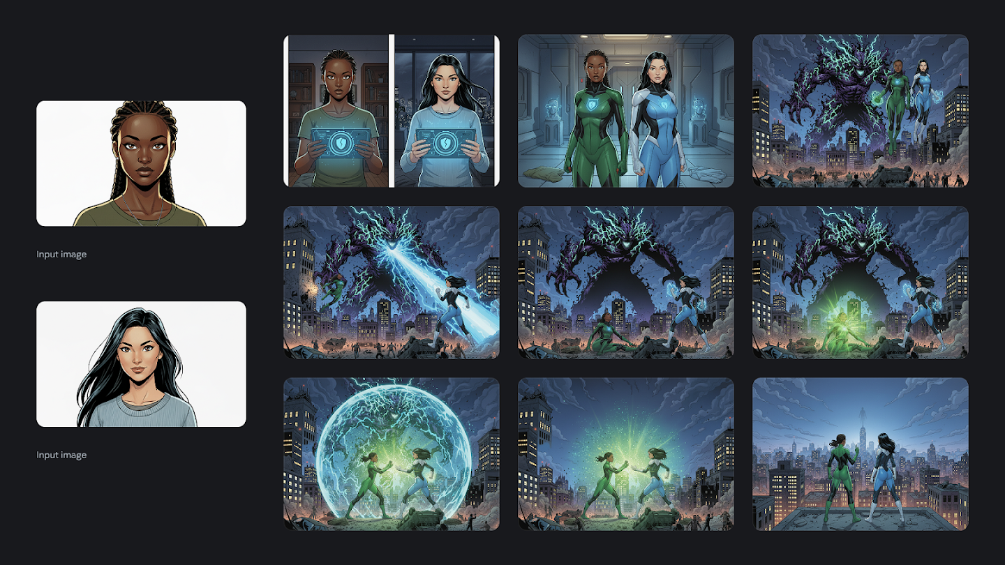 **Input Images:** Two separate headshots of the female superhero protagonists: one with dark braided hair and one with long black hair. **Image Grid:** A 9-part comic book-style story of two female superheroes fighting an enormous monster over a cityscape. Image 1: Protagonist with braided hair holding a glowing blue shield display. Image 2: Protagonist with long black hair holding a glowing blue shield display. Image 3: Both protagonists standing side-by-side in their green and blue superhero suits. Image 4: The two heroes face a giant, shadowy, monstrous creature with green energy. Image 5: The hero with black hair flies towards the monster, shooting a blue energy beam. Image 6: The monster is struck by green lightning-like energy over the city. Image 7: A glowing green dome or sphere of energy erupts over the city. Image 8: The two heroes fight inside a large, glowing green-blue energy sphere, a decisive moment. Image 9 (Finale): The two heroes stand victoriously together on a rooftop overlooking the cityscape, the monster defeated.