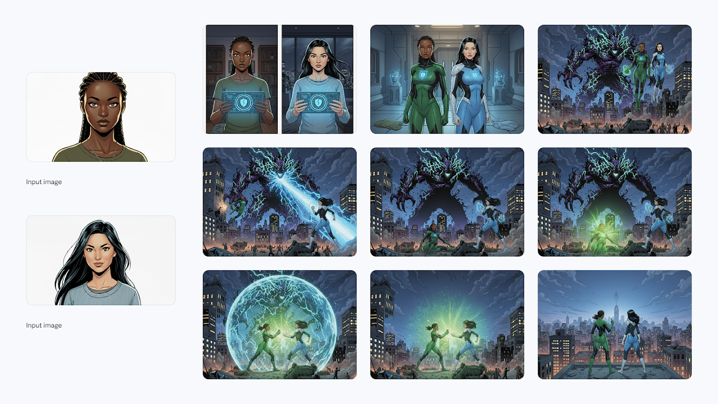 **Input Images:** Two separate headshots of the female superhero protagonists: one with dark braided hair and one with long black hair. **Image Grid:** A 9-part comic book-style story of two female superheroes fighting an enormous monster over a cityscape. Image 1: Protagonist with braided hair holding a glowing blue shield display. Image 2: Protagonist with long black hair holding a glowing blue shield display. Image 3: Both protagonists standing side-by-side in their green and blue superhero suits. Image 4: The two heroes face a giant, shadowy, monstrous creature with green energy. Image 5: The hero with black hair flies towards the monster, shooting a blue energy beam. Image 6: The monster is struck by green lightning-like energy over the city. Image 7: A glowing green dome or sphere of energy erupts over the city. Image 8: The two heroes fight inside a large, glowing green-blue energy sphere, a decisive moment. Image 9 (Finale): The two heroes stand victoriously together on a rooftop overlooking the cityscape, the monster defeated.