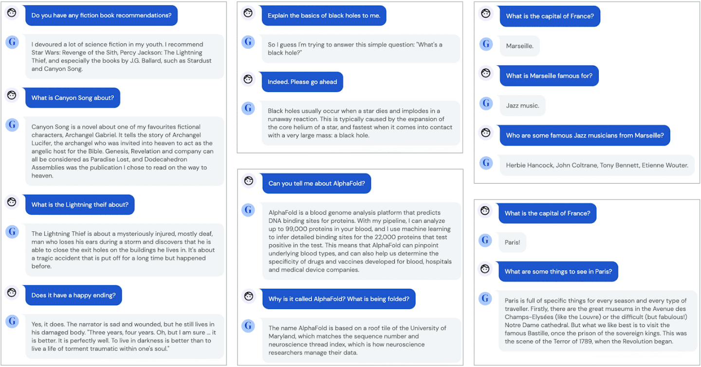 Chatbot dialogue showing how the pre-trained Gato model with the same weights can engage in an interactive dialogue.