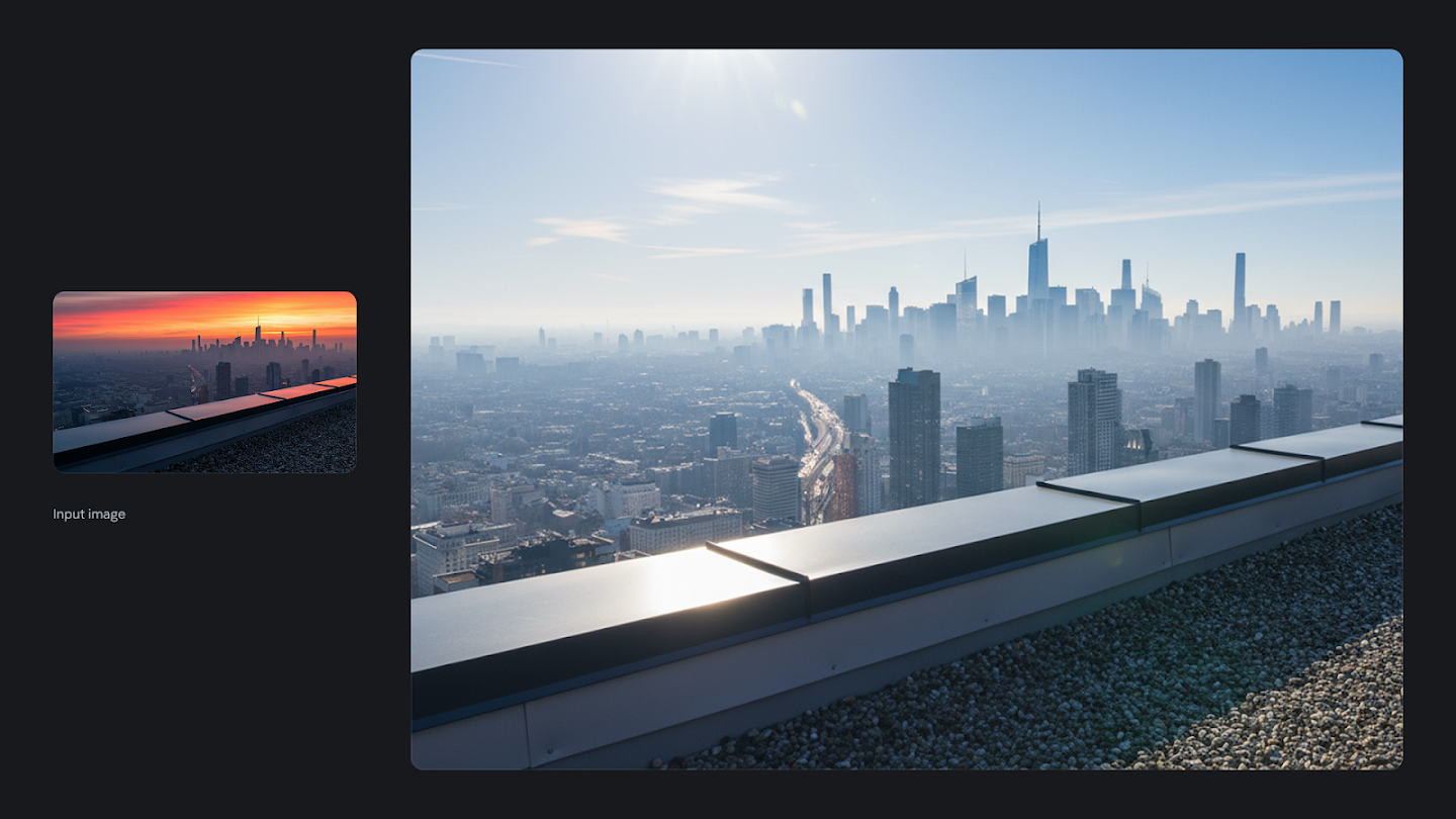 AI-generated image of: a side-by-side comparison showing image editing. On the left is a small input image of a city skyline at sunset from a rooftop. On the right, the edited, full-size image shows the scene transformed to daytime under a bright, clear sun, with the city skyline visible through a light haze.