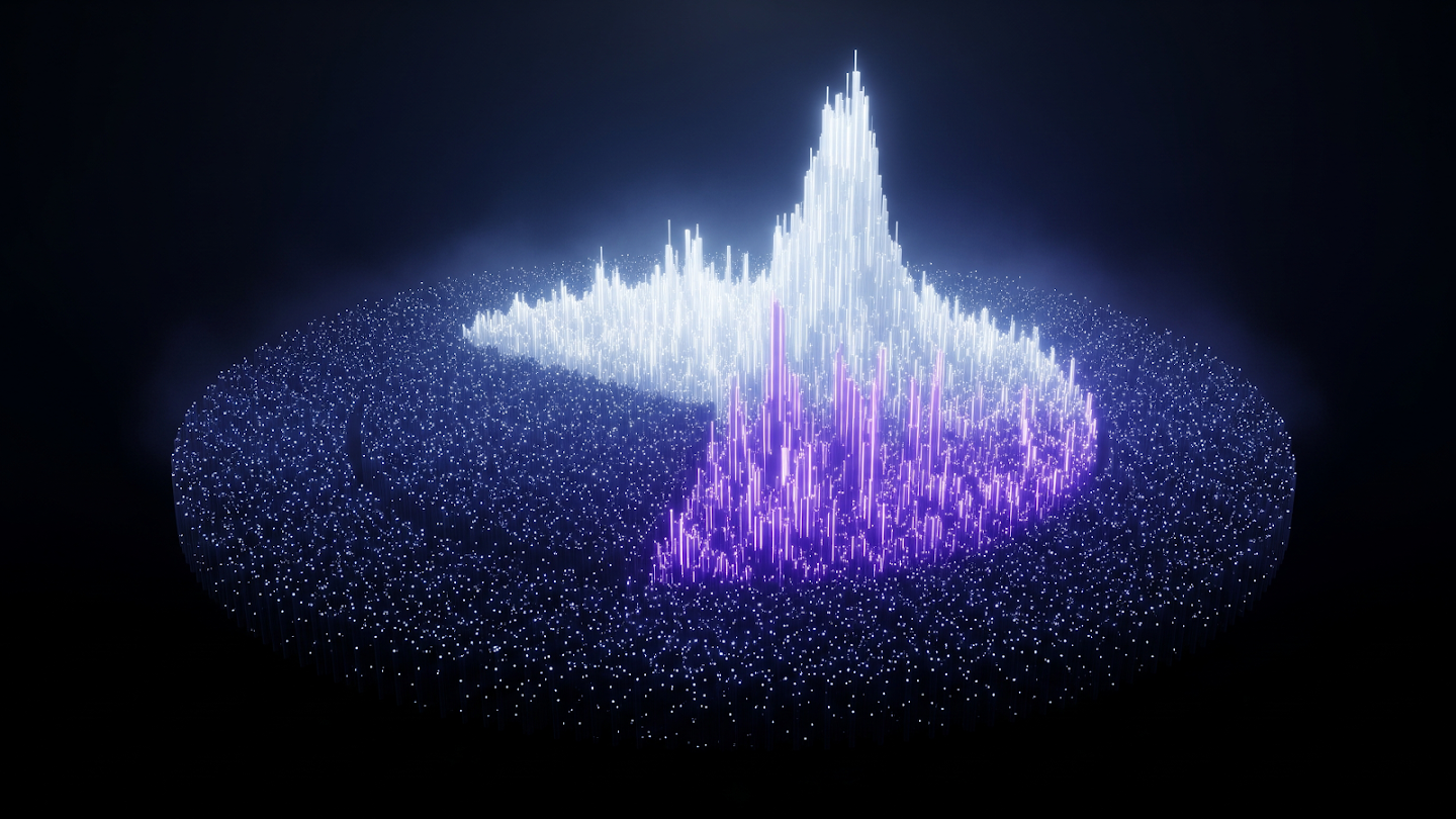 A dark, abstract 3D visualization resembling a pie chart or a circular city map viewed from above. It is composed of many luminous vertical bars or spikes, with one large, triangular-shaped section highlighted in white and another section in glowing purple, all resting on a dark blue, studded circular base. The overall effect is futuristic and digital.