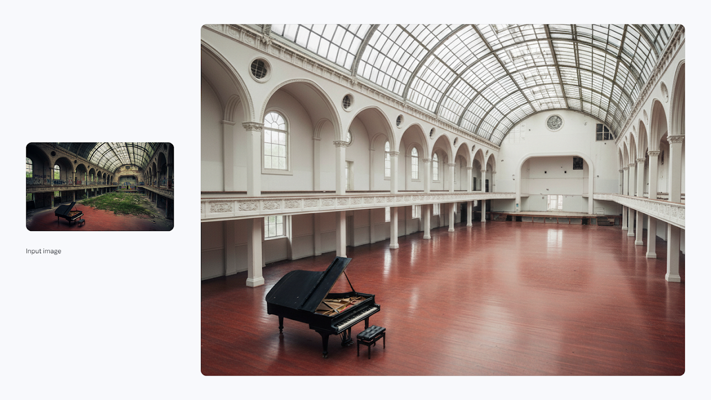 AI-generated image of: a side-by-side comparison showing image editing. On the left is a small input image of a decaying, abandoned grand hall with a grand piano. On the right, the edited, full-size image shows the hall completely restored to a pristine condition, with polished wooden floors and bright white architectural details, featuring the grand piano in the center.