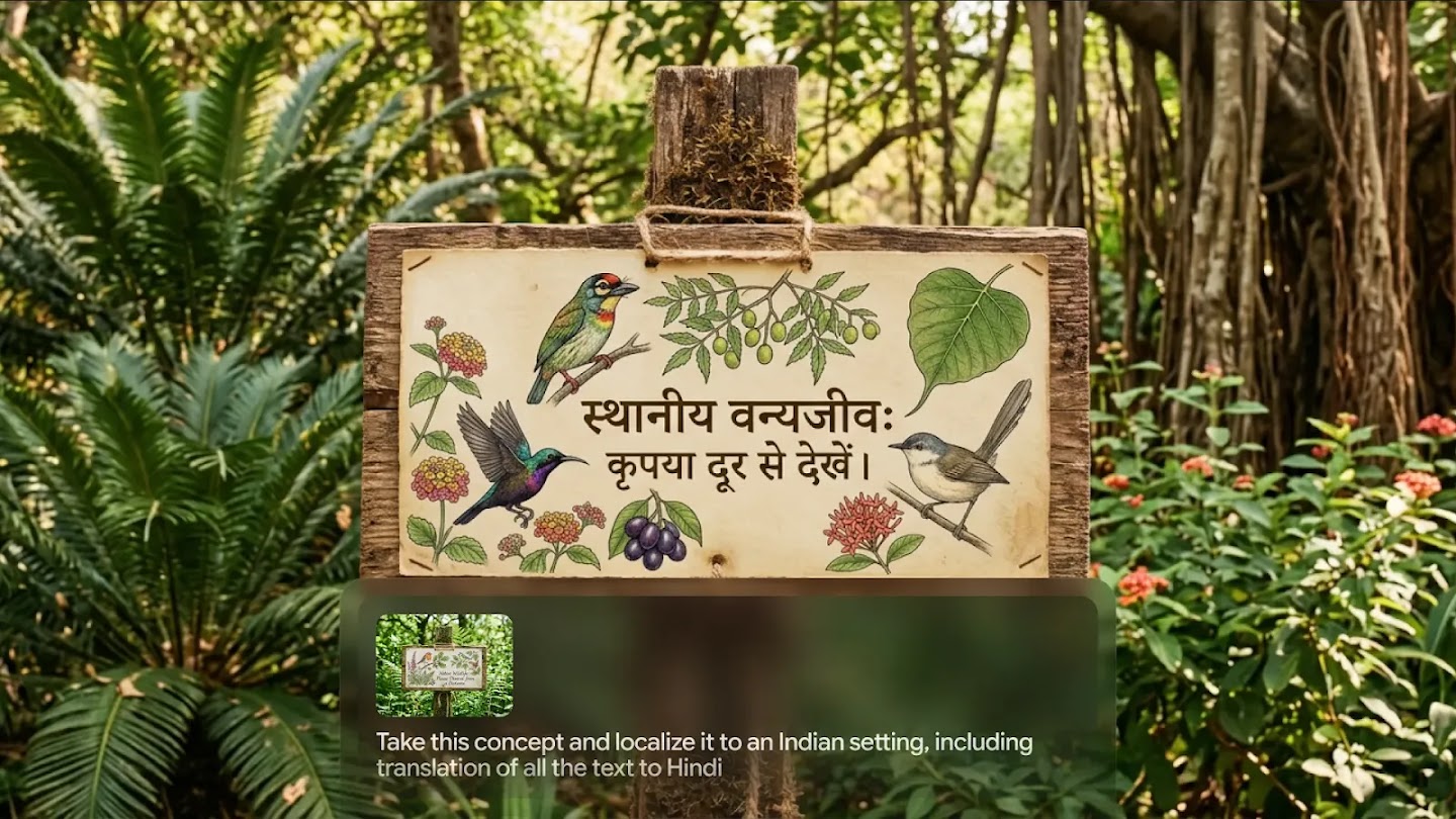 A wooden sign in a jungle illustrating local Indian wildlife with text in Hindi.