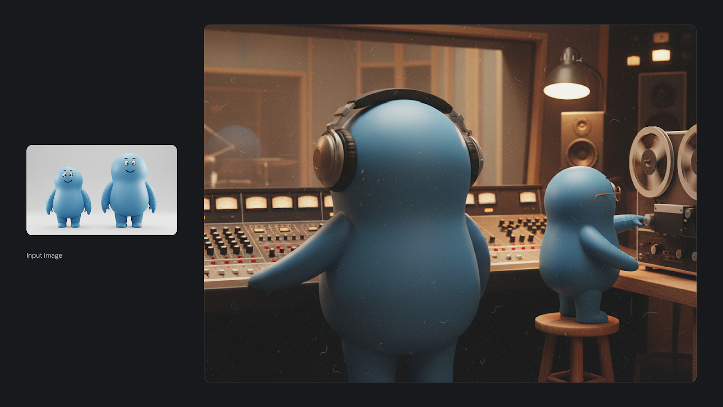  AI-generated image of: a side-by-side comparison. On the left is an input image of two simple blue cartoon characters. On the right, a detailed, vintage-style generated scene features these characters in a 1960s recording studio, with the larger one wearing headphones at a mixing console and the smaller one on a stool adjusting a reel-to-reel tape machine.