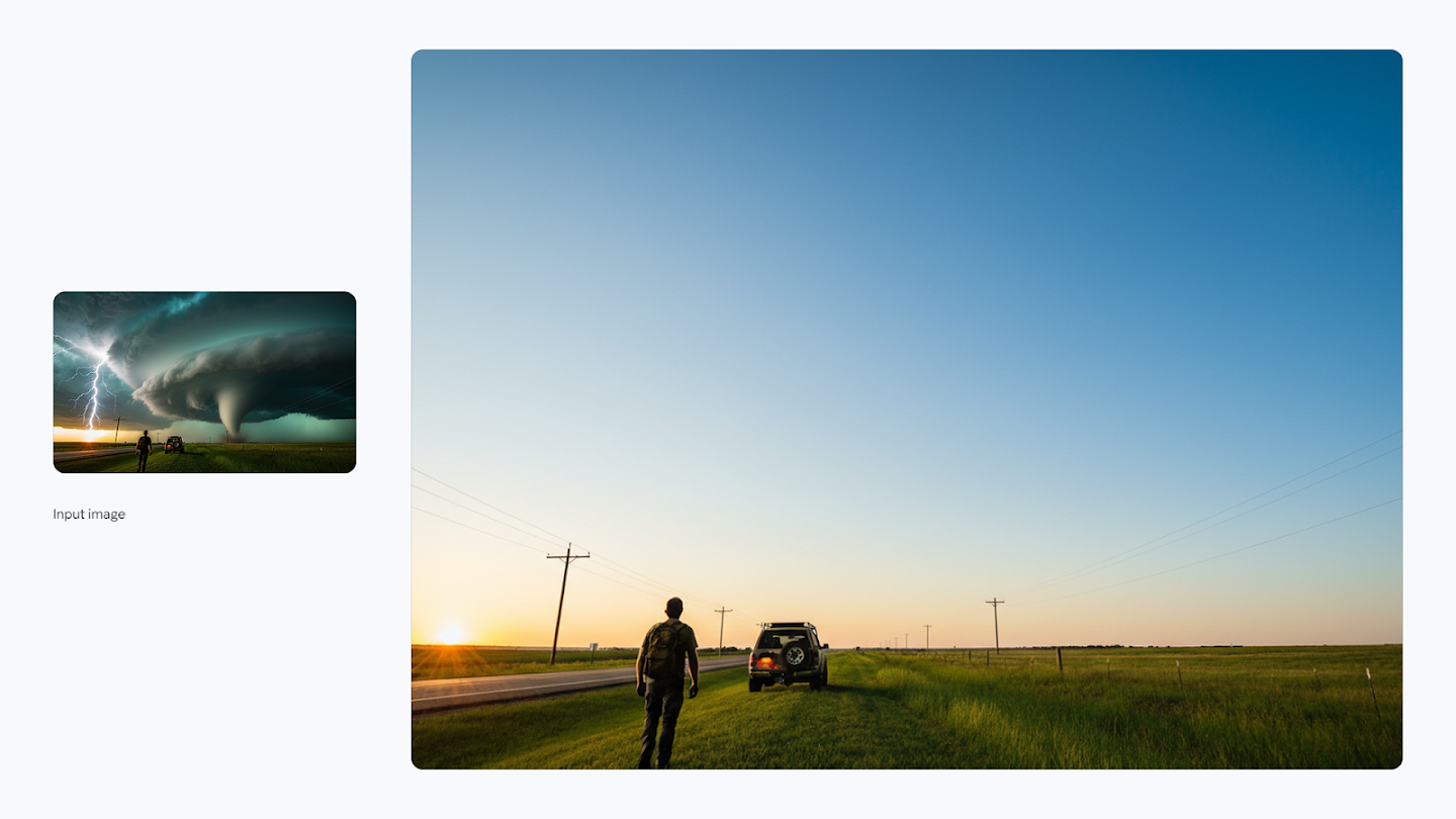 AI-generated image of: a side-by-side comparison showing image editing. On the left is a small input image featuring a huge, dark tornado, with lightning and heavy clouds looming over a road, and a person and car in the foreground. On the right, the edited, full-size image shows the scene transformed to clear, bright weather at sunset with a vast blue sky, a rural road, and the person and car pulled over on the grassy shoulder.