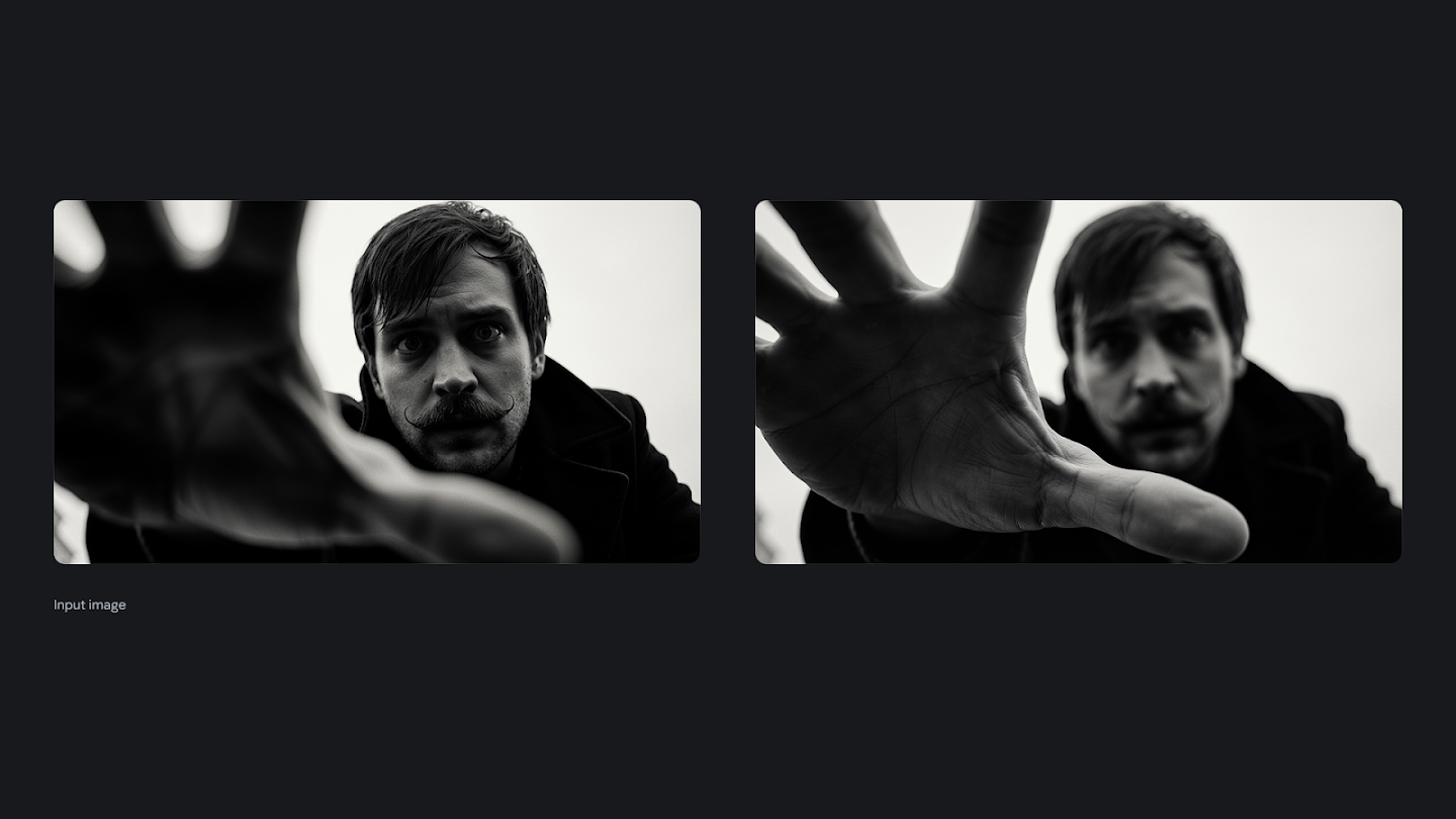 A split-screen black and white image demonstrating a focus shift. The left side focuses on a mustachioed man's face with his reaching hand blurred in the foreground, while the right side shifts the focus to the sharp details of the hand, blurring the man's face.