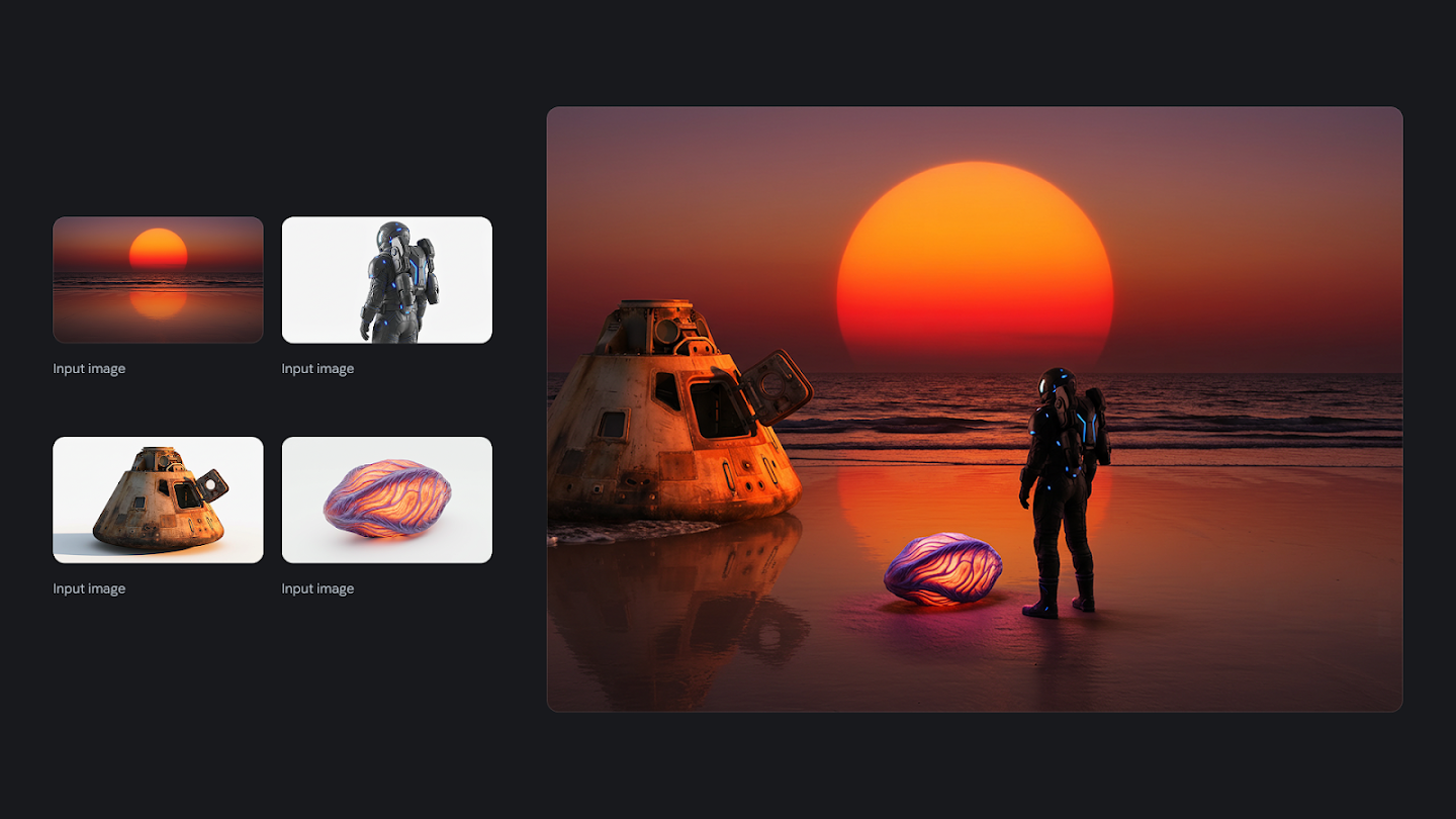 A visual example of compositing distinct elements into a cinematic landscape. The left side shows four 'input images': a vibrant sunset, a futuristic astronaut, a rusty space capsule, and a glowing organic stone. The right side combines these into a sci-fi scene where the astronaut stands on a wet beach gazing at a massive orange sun, with the capsule and glowing object resting on the sand.