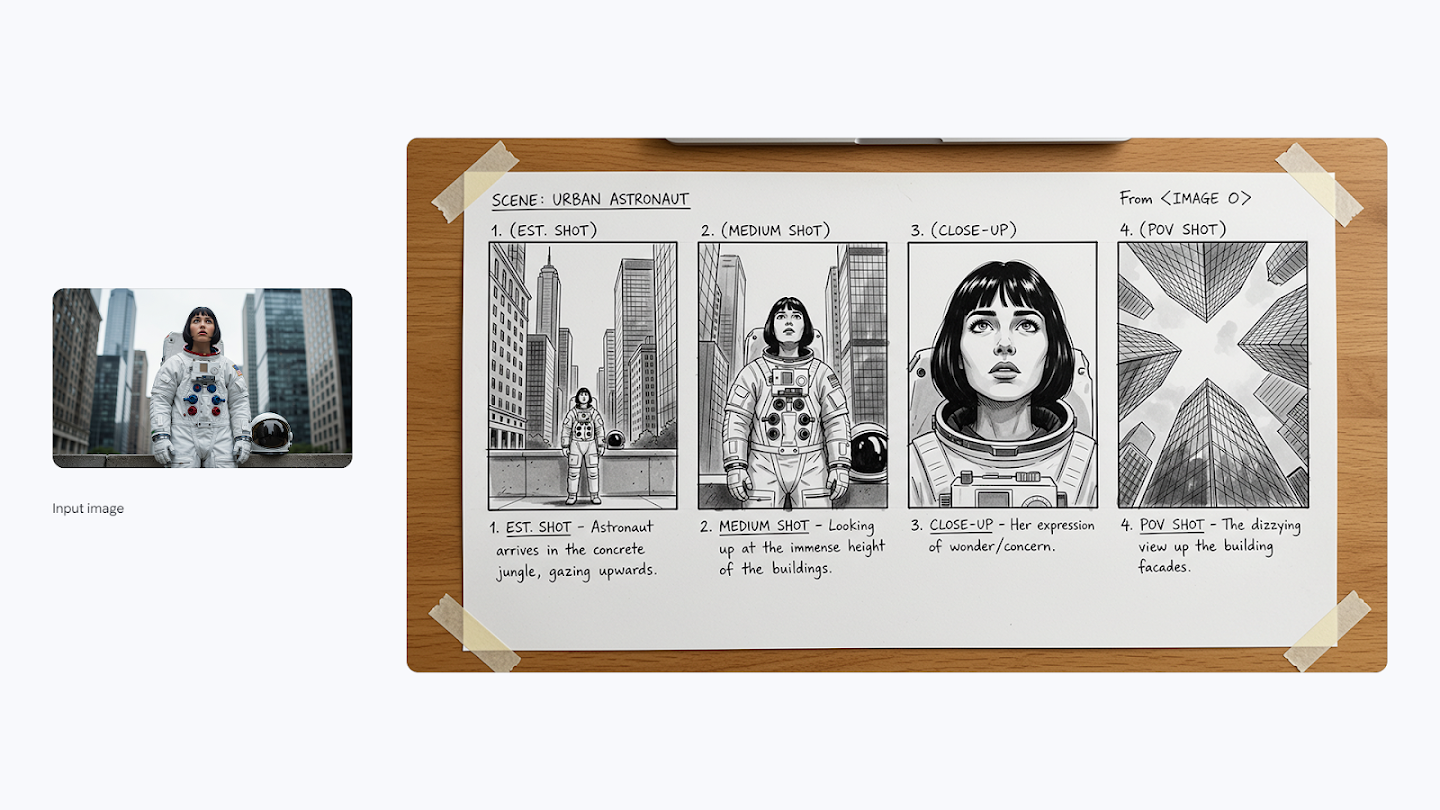 A composite image showing a small photo of a woman in an astronaut suit standing in a city, connected to a four-panel hand-drawn storyboard titled 'Scene: Urban Astronaut' that breaks the photo down into an establishing shot, medium shot, close-up, and POV shot.