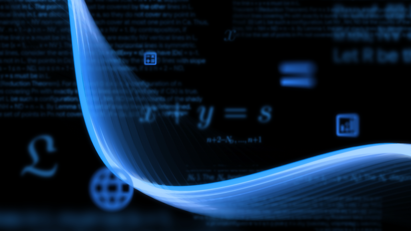 Abstract dark-blue image with a glowing wave and blurred mathematical equations, representing complex problem-solving and deep mathematical thought