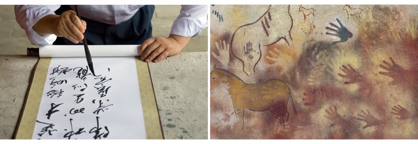 On the left, a person writes alphabet characters with a brush. On the right, a cave wall adorned with ancient paintings and hand prints.