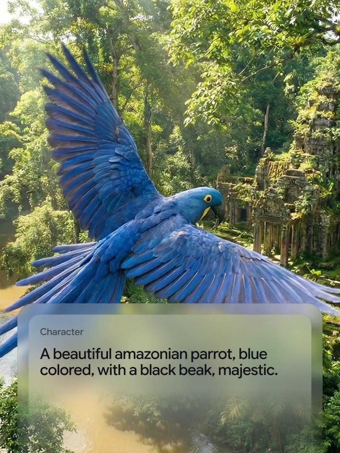 A vibrant digital image featuring a majestic macaw in mid-flight. The parrot is covered in deep cobalt blue feathers with a prominent black beak and a bright yellow ring around its eye. It is positioned in the foreground, wings spread wide, against a backdrop of a lush, sun-drenched rainforest and ancient stone ruins. An overlay at the bottom contains the text: 