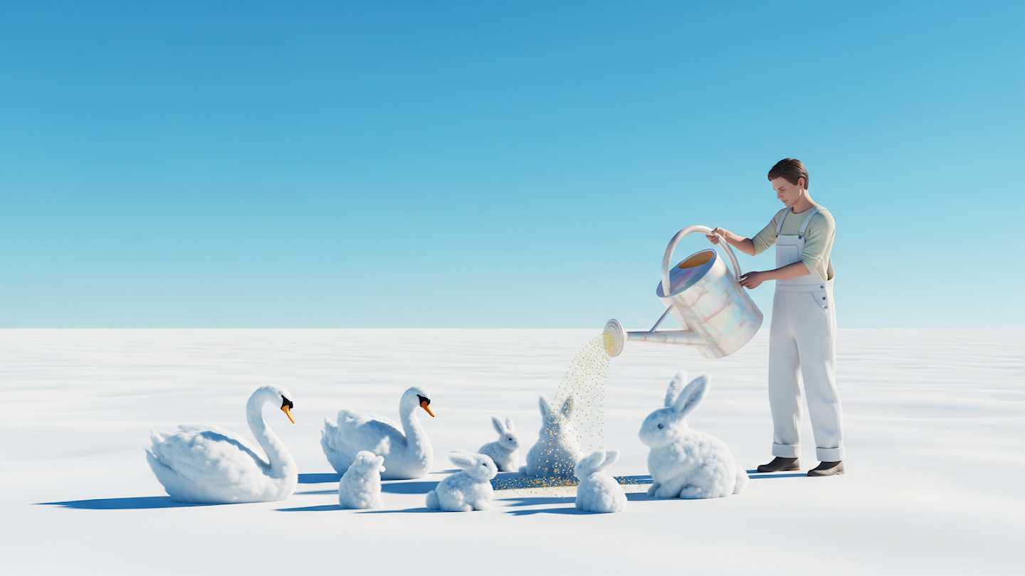 AI-generated image of: a surreal minimalist scene of a man in overalls using an iridescent watering can to pour golden sparkles onto a stark white ground, causing fluffy, cotton-like white swans and rabbits to grow from the surface