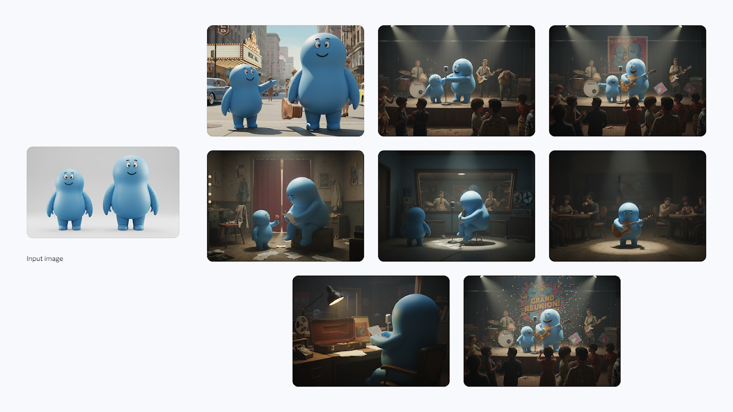 An 8-part visual story, arranged in a grid, of two blue, round, cartoon-like characters (one large, one small) and their adventures in the 1960s music scene. **Image 1:** The duo arrives at a bustling city street, excited. **Image 2:** They perform their first gig on a stage with a band. **Image 3:** They achieve success, performing triumphantly on a larger stage. **Image 4:** A moment of sadness in a dressing room, the smaller character offering comfort. **Image 5:** The large character records music alone in a studio booth, the small one watches. **Image 6:** The large character performs solo in a small, dim club. **Image 7:** The large character is alone at night, writing music at a desk. **Image 8 (Finale):** The two characters reunite, performing triumphantly on stage under a 
