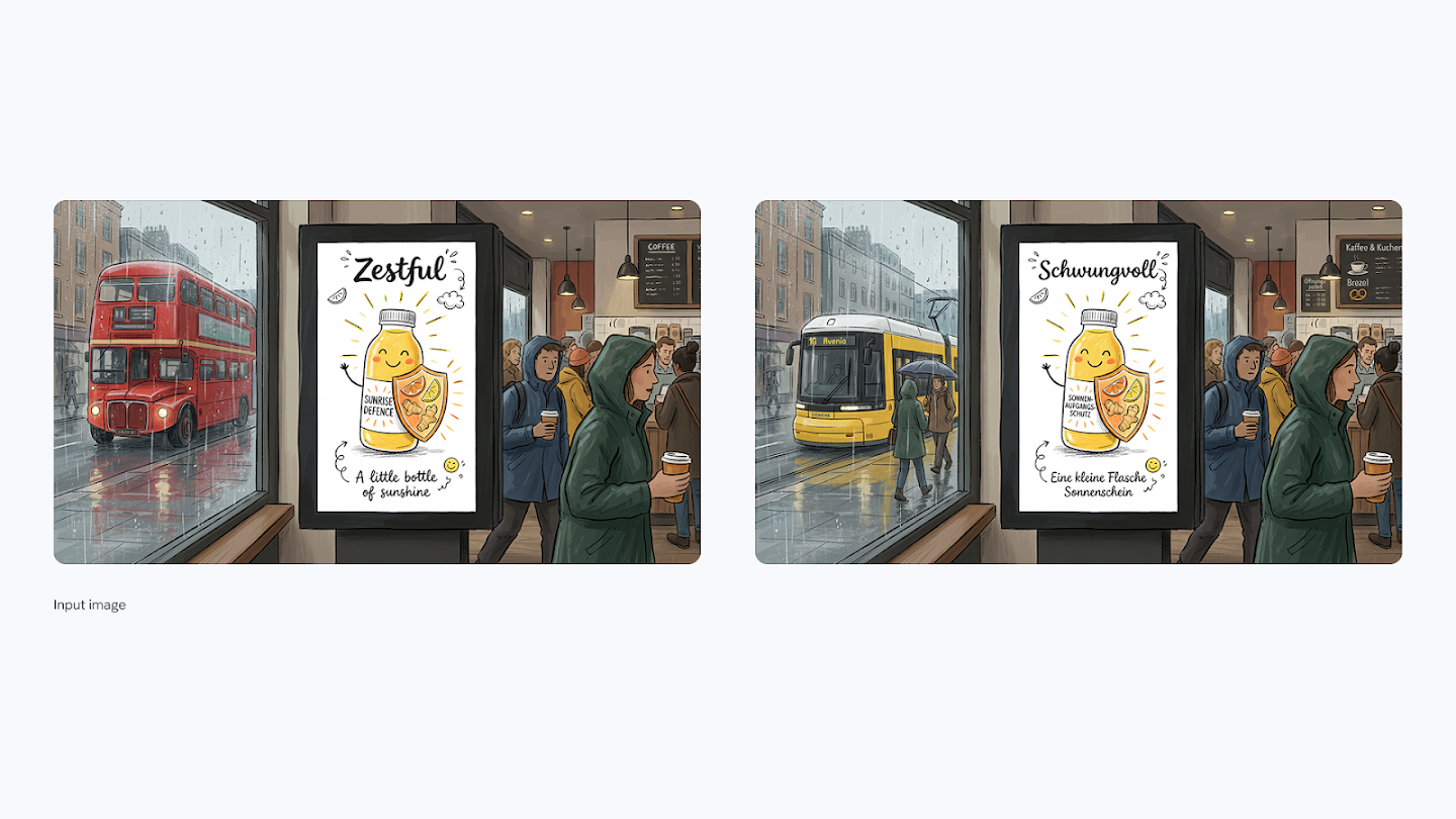 An illustration comparison showing how a coffee shop scene is culturally adapted from the UK to Germany. The left image features a red double-decker bus outside and a poster for 'Zestful' juice in English. The right image replaces the bus with a yellow tram, changes the café menu to list 'Kaffee & Kuchen,' and translates the juice poster to German, titled 'Schwungvoll.'