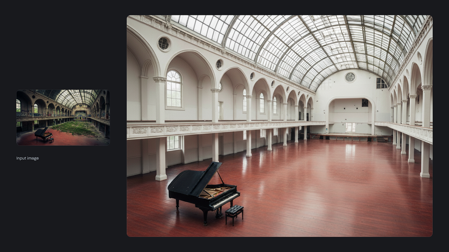 AI-generated image of: a side-by-side comparison showing image editing. On the left is a small input image of a decaying, abandoned grand hall with a grand piano. On the right, the edited, full-size image shows the hall completely restored to a pristine condition, with polished wooden floors and bright white architectural details, featuring the grand piano in the center.