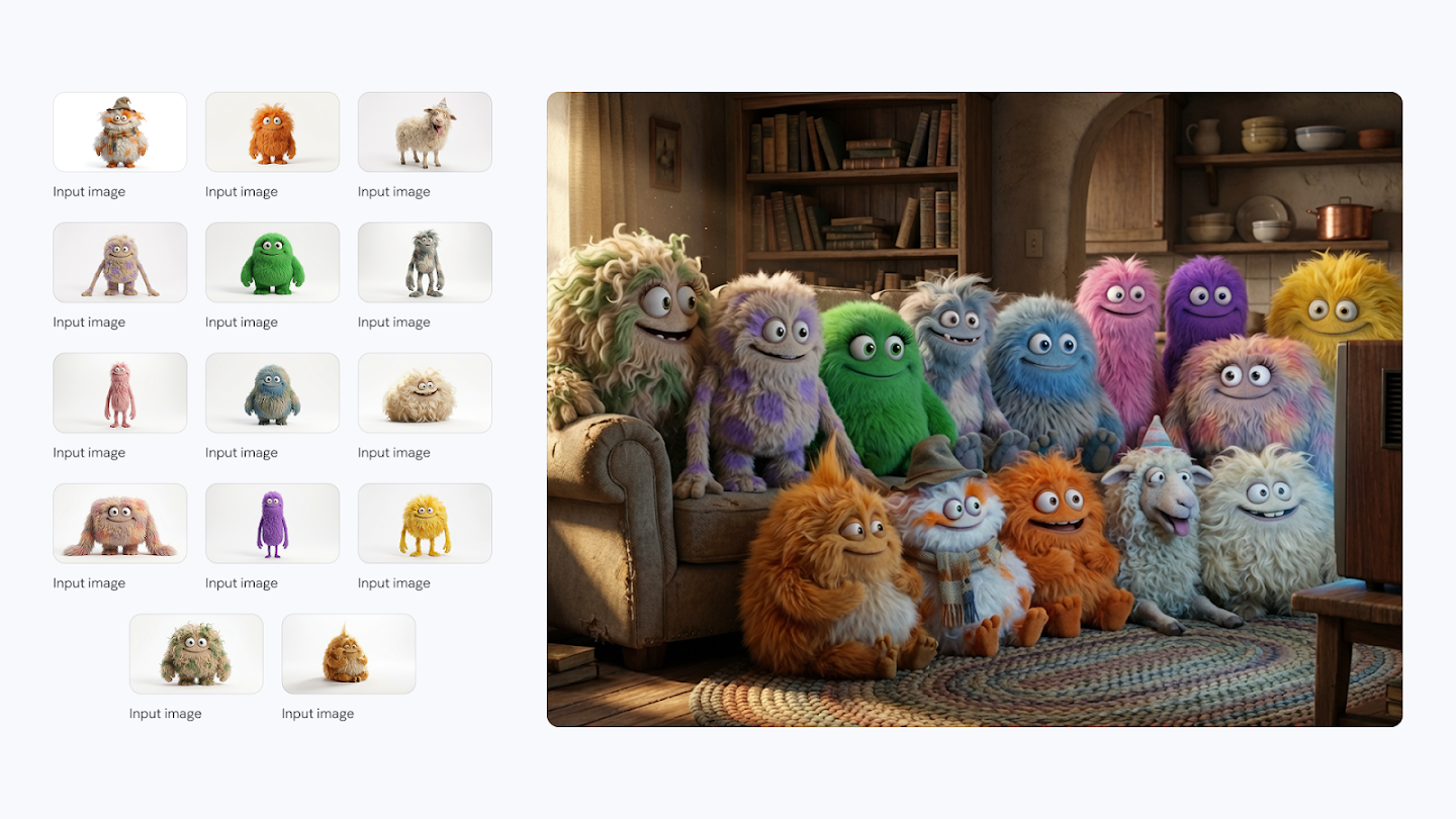A split-screen graphic demonstrating image generation. On the left is a grid of 14 small 'input images' showing individual 3D furry monsters of various colors and one sheep against white backgrounds. On the right is a large, cohesive scene showing all these characters sitting together on a couch and floor in a cozy, dimly lit living room, watching a television.