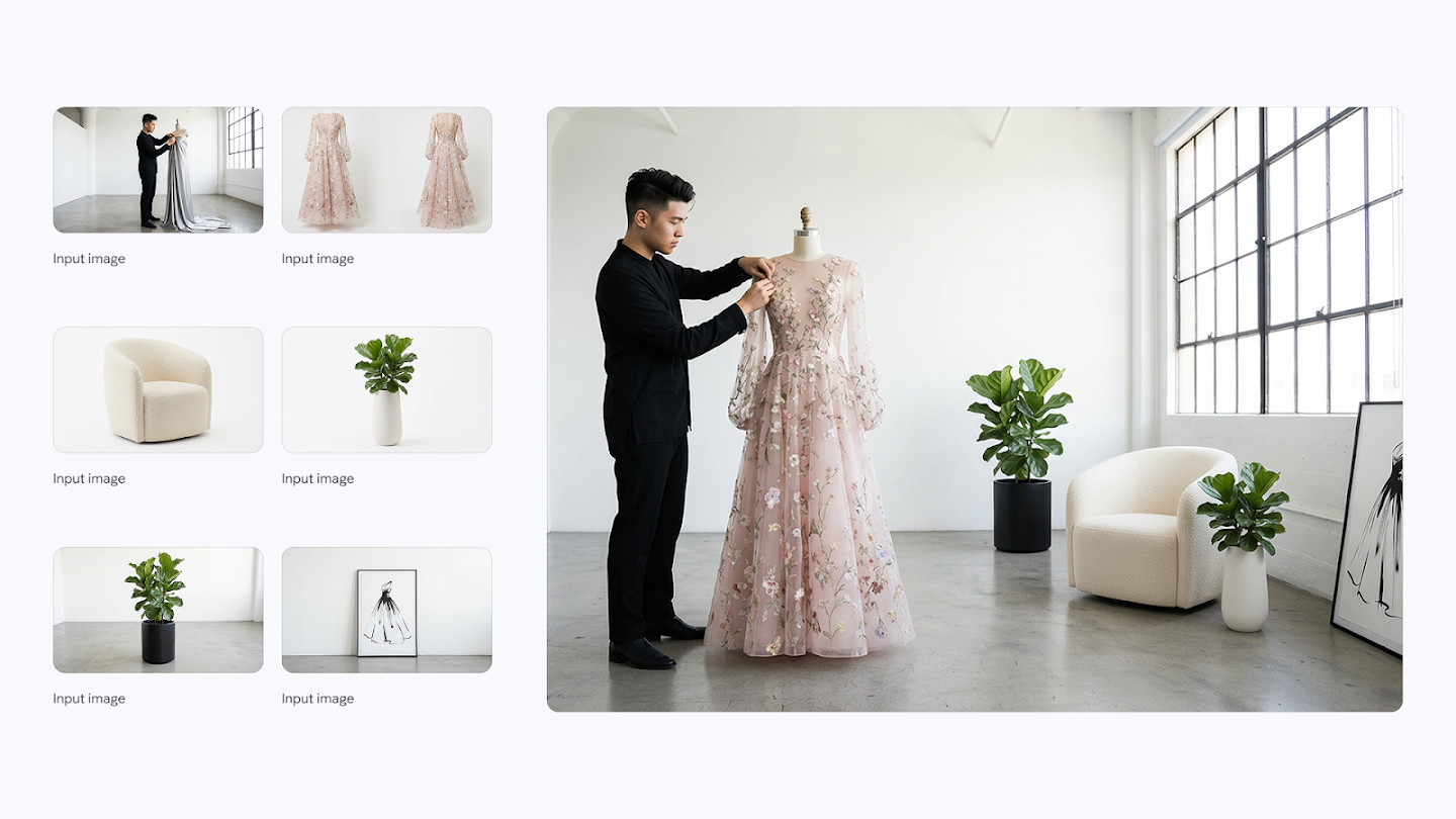 A demonstration of AI scene composition. The left side displays six isolated 'input images': a man working on a dress, a pink floral gown, a cream armchair, two potted plants, and a framed sketch. The right side shows a photorealistic studio scene where the man is adjusting the gown on a mannequin, with the furniture and decor items perfectly integrated into the bright, minimalist background.