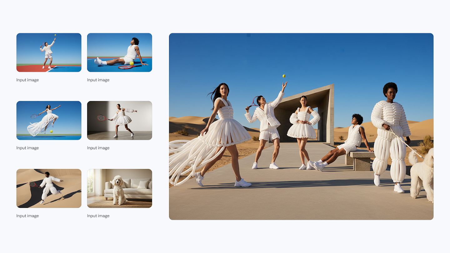 A graphic showing the synthesis of individual fashion elements into a group scene. On the left are thumbnails of models wearing avant-garde, white, puffy 'balloon-style' tennis outfits and a standard poodle. The large image on the right depicts a high-fashion editorial shot in a sunny desert setting with concrete architecture, featuring five models in the puffy white outfits posing and walking the dog.