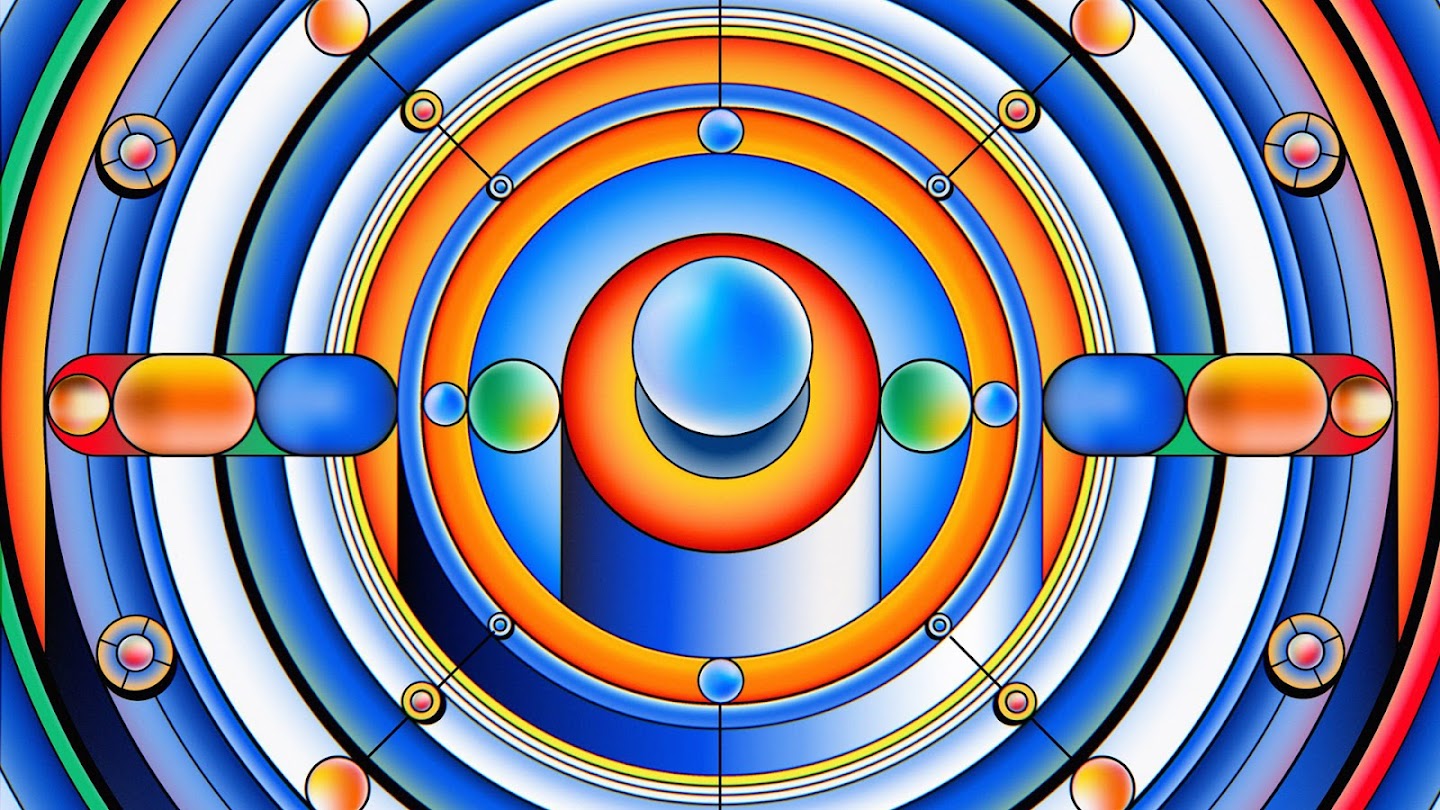 Colourful illustration of blue sphere, surrounded by other coloured spheres and ovals, set against a backdrop of expanding rings of blue, orange, red, yellow, and white.
