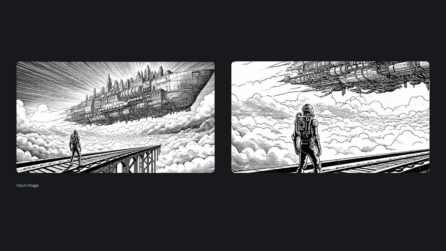 A side-by-side comparison of a black-and-white ink illustration. The left image shows a wide view of a figure standing on a railway bridge looking up at a massive steampunk airship. The right image zooms in closely on the figure and the mechanical details of the ship's underbelly.