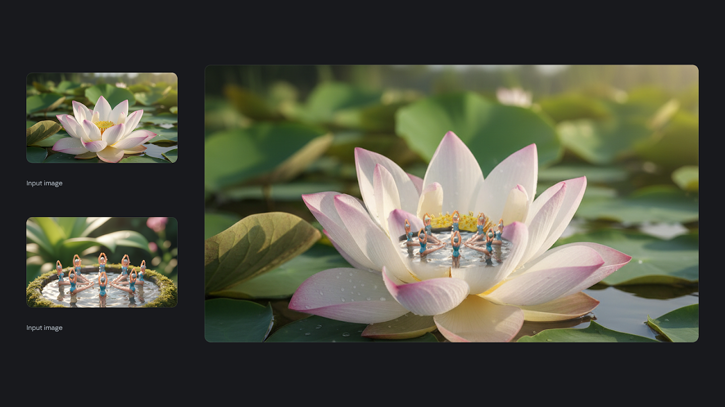 AI-generated image of: a side-by-side comparison showing image merging. On the left are two separate input images: one of a pink and white lotus flower floating on water, and the other a miniature view of synchronized swimmers forming a circle in a pool. On the right, the generated output combines the images, showing the tiny synchronized swimmers positioned inside the center of the large lotus flower, surrounded by water and lily pads.