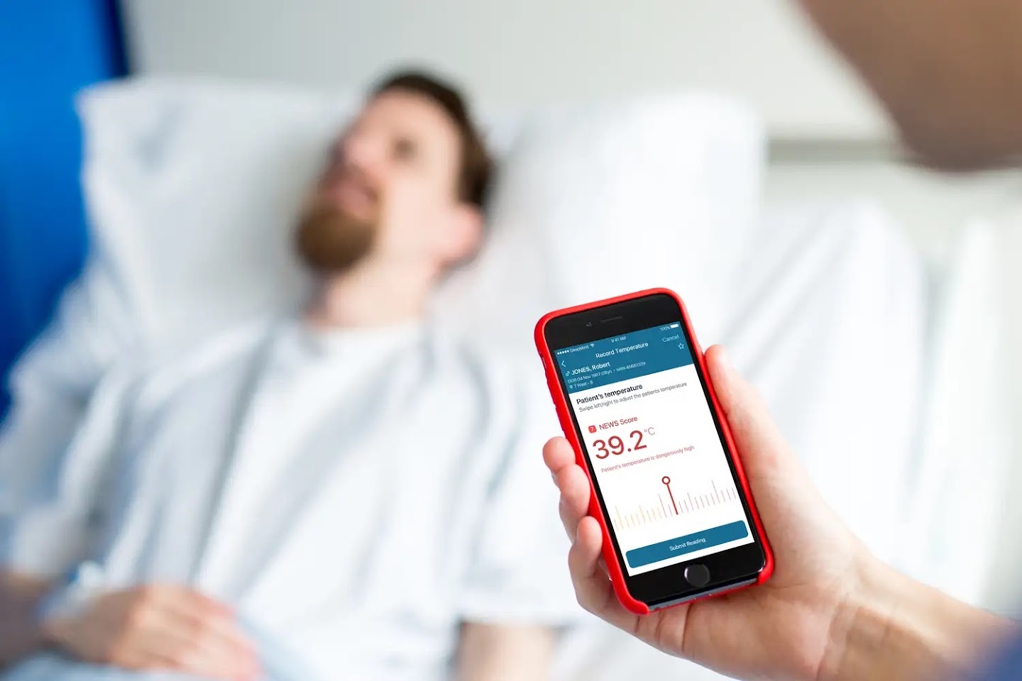 A healthcare professional checking a patient's temperature using Streams. The temperature reads 39.2ºC.