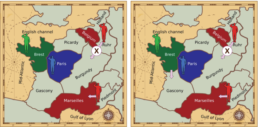 Two maps of France side by side illustrating diplomacy contracts. On the left, a restriction represented by a pink arrow with a cross through it blocks the red player from moving from Ruhr to Burgundy. While a pink arrow from a red player in Piedmont to Marseilles allows a move. The map on the right is the same, with an additional pink arrow between Brest and Gascony.