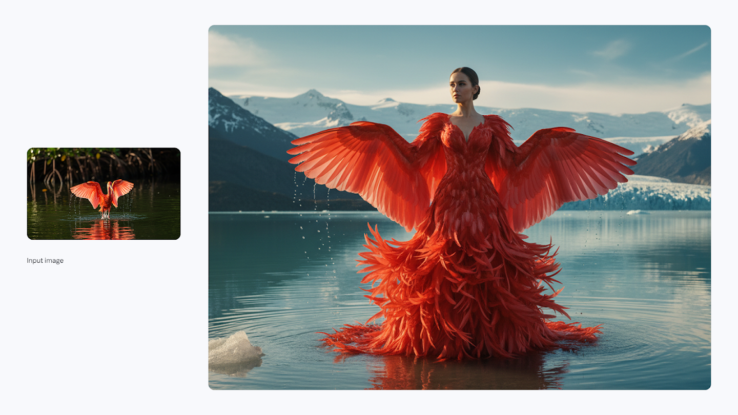 AI-generated image of: a side-by-side comparison. On the left is an input image of a red bird with ruffled feathers taking off from water. On the right, the generated output shows a woman in a dramatic, floor-length, feathered red gown standing in shallow water, with the dress's sleeves forming large wings, set against a background of a glacier lake and snow-capped mountains.