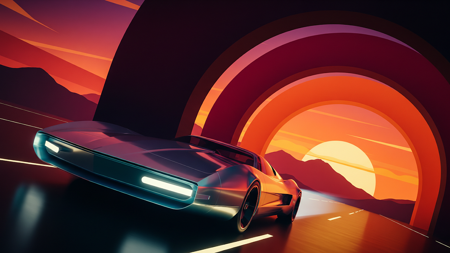  AI-generated image of: a sleek, metallic silver retro-futuristic sports car with glowing headlights speeding along a reflective road towards a massive archway, silhouetted against a stylized synthwave sunset composed of vibrant orange and purple gradients
