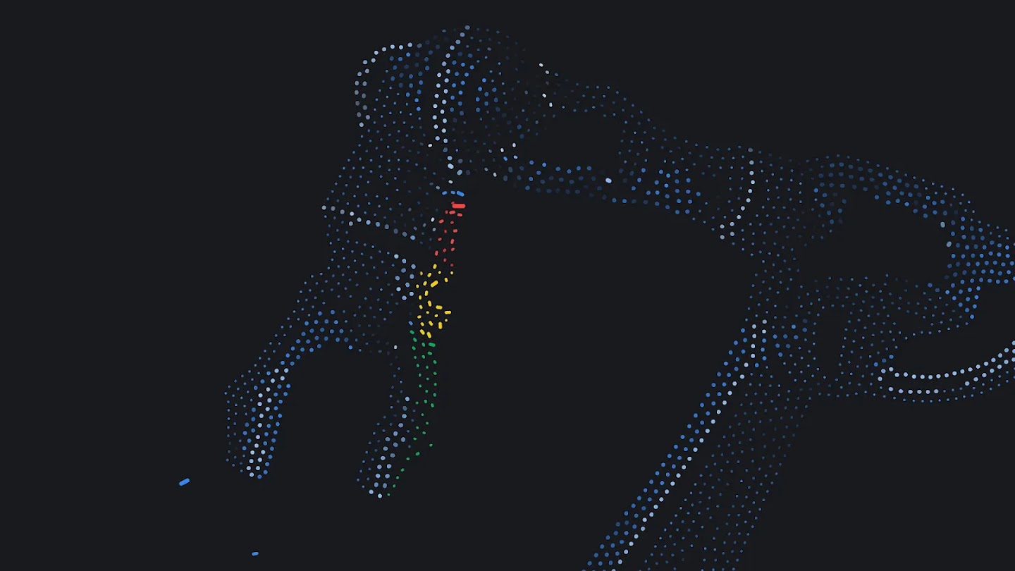 An abstract, minimalist digital illustration of a robotic arm rendered entirely in a pointillist or stippled style.