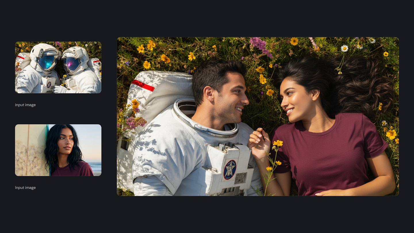AI-generated image of: a side-by-side comparison showing image merging. On the left are two separate input images: one of two people in astronaut suits and the other a portrait of a woman looking out to sea with a surfboard nearby. On the right, the generated output merges the subjects, showing the man and woman lying down together in a field of colorful wildflowers, with the man wearing an open-faced astronaut helmet and the woman in a burgundy shirt.