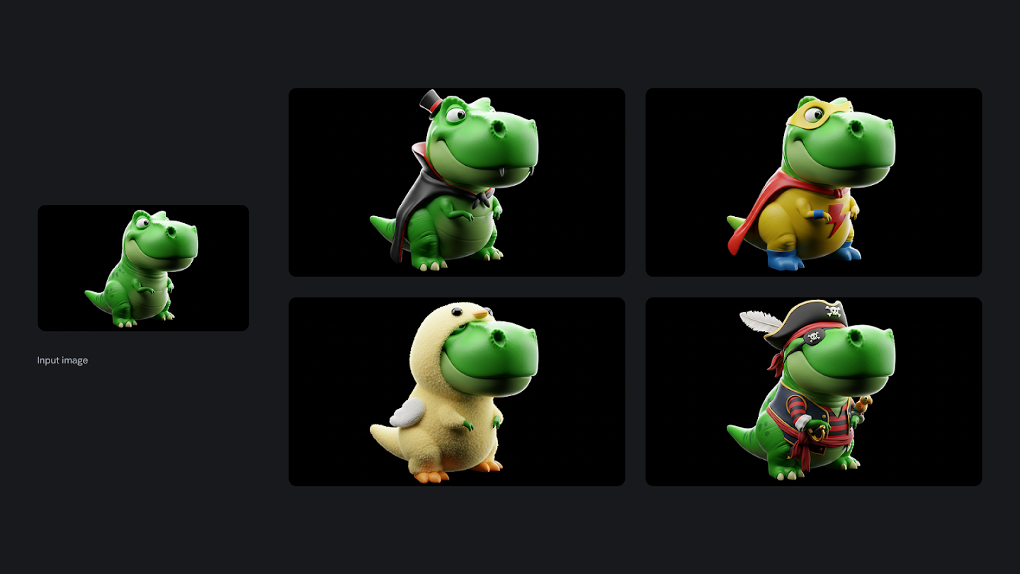 AI-generated image of: a grid demonstrating variations of a cartoon T-rex. On the left is the input image of a smiling, stylized green T-rex toy on a black background. On the right, a 2x2 grid shows four variations of the T-rex wearing different costumes: a vampire with a cape and top hat, a superhero with a mask and cape, a fuzzy yellow chick costume, and a pirate with a feathered hat and costume.