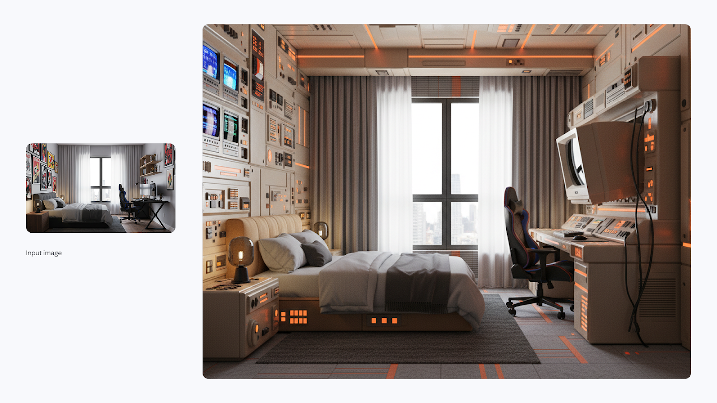 AI-generated image of: a side-by-side comparison showing a room restyling. On the left is an input image of a modern, simple bedroom. On the right, the generated output shows the bedroom completely transformed into a 