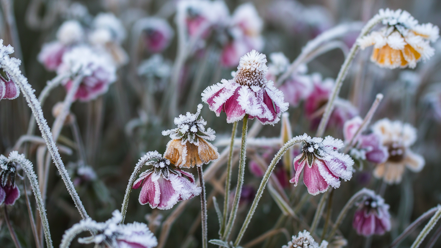 AI-generated image of: macro shot of withered purple and yellow flowers heavily coated in sharp, intricate white frost crystals, highlighting the rough, icy texture