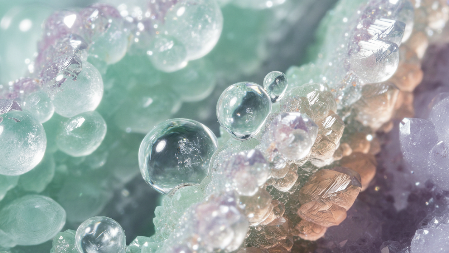 AI-generated image of: extreme close-up of mixed mineral formations, contrasting smooth, translucent green orb-like structures with sharp, faceted, glass-like purple crystals