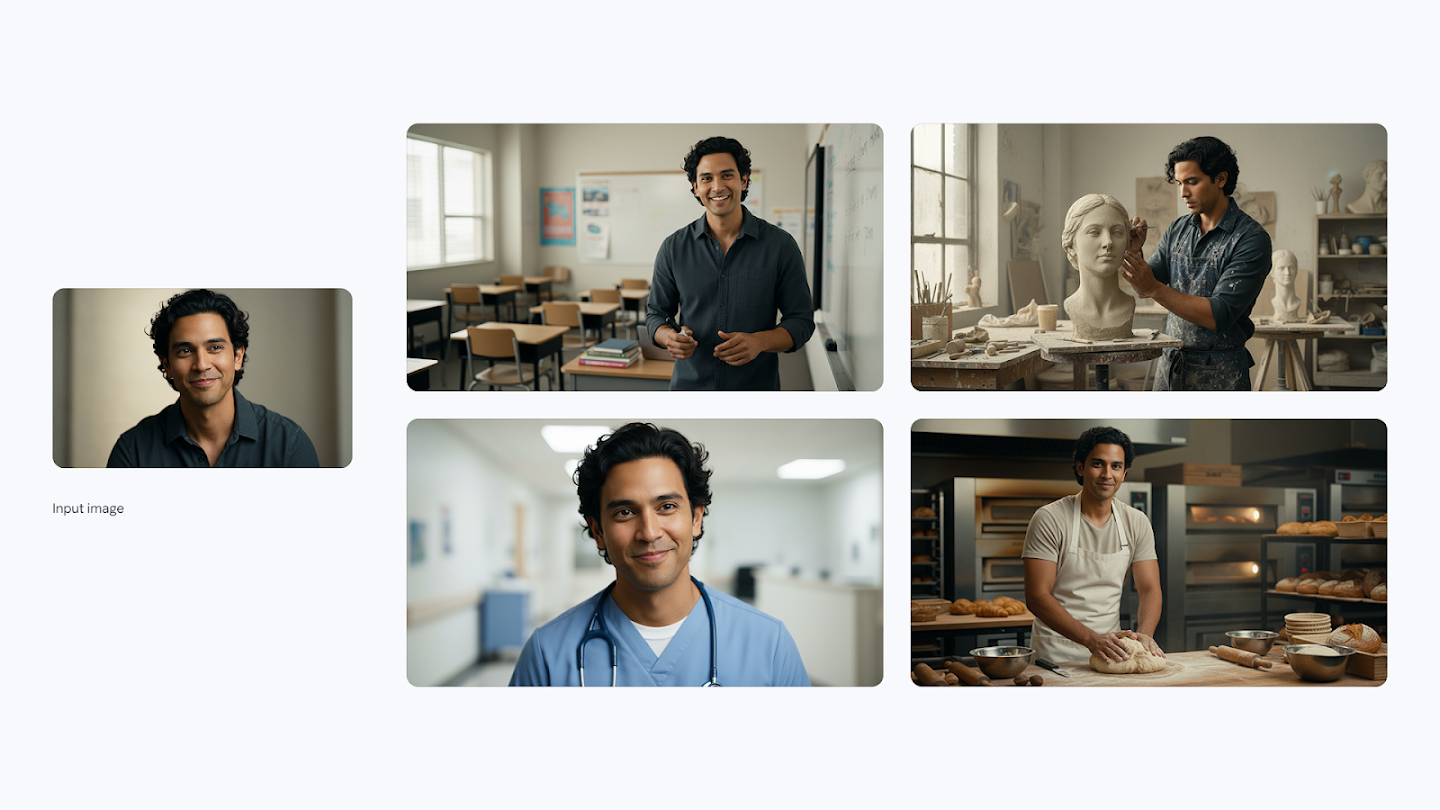 AI-generated image of: a grid demonstrating image variation generation. On the left is a headshot input image of a smiling man with dark curly hair. On the right, a 2x2 grid shows four variations of the man in different professional roles: as a teacher in a classroom, a sculptor working on a bust, a nurse in a hospital setting, and a baker kneading dough in a commercial kitchen.