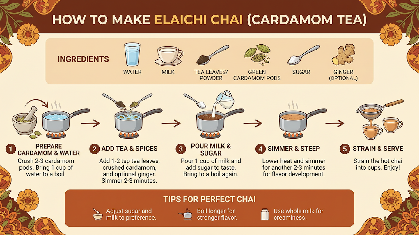 Infographic titled 'How to Make Elaichi Chai (Cardamom Tea)' with step-by-step illustrations. Ingredients listed: Water, Milk, Tea Leaves/Powder, Green Cardamom Pods, Sugar, and Ginger (optional). Step 1: Prepare Cardamom & Water – Crush 2-3 cardamom pods. Bring 1 cup of water to a boil. Step 2: Add Tea & Spices – Add 1-2 tsp tea leaves, crushed cardamom, and optional ginger. Simmer 2-3 minutes. Step 3: Pour Milk & Sugar – Pour 1 cup of milk and add sugar to taste. Bring to a boil again. Step 4: Simmer & Steep – Lower heat and simmer for another 2-3 minutes for flavor development. Step 5: Strain & Serve – Strain the hot chai into cups. Enjoy! Tips for Perfect Chai: Adjust sugar and milk to preference; boil longer for stronger flavor; use whole milk for creaminess. The design features warm autumnal colors with decorative floral borders.