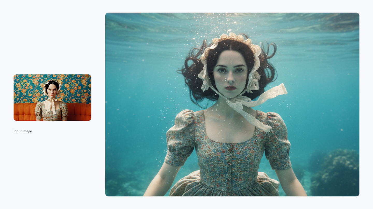  AI-generated image of: a side-by-side comparison. On the left is an input image of a woman wearing a vintage dress and bonnet sitting on an orange couch against floral wallpaper. On the right, the generated output depicts the same woman submerged underwater with floating hair and bubbles, completely replacing the original background.