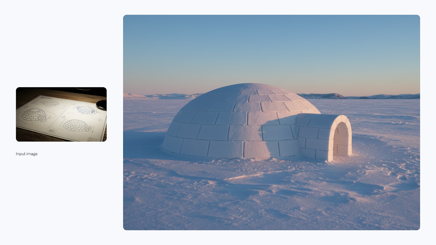 AI-generated image of: a side-by-side comparison. On the left is an input image of architectural blueprints for an igloo. On the right, the generated output shows a completed, realistic-looking igloo built from snow blocks, sitting in a snow-covered arctic landscape under a clear blue sky.