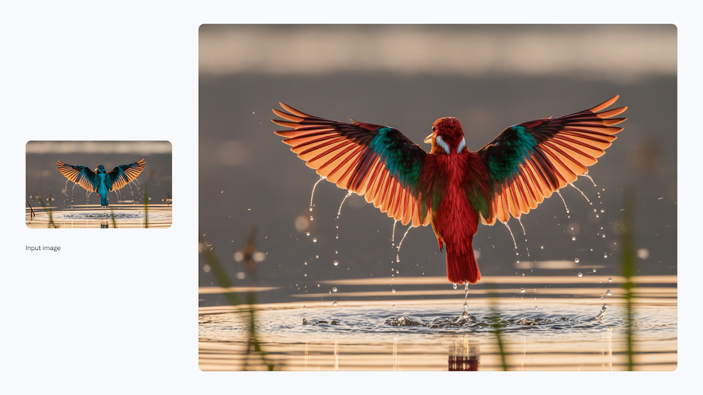 AI-generated image of: a side-by-side comparison showing image editing. On the left is a small input image of a blue and green bird taking off from water, wings spread. On the right, the edited, full-size image shows the same bird in the same action, but its primary body and wing feather colors are vividly changed to red with hints of emerald green.