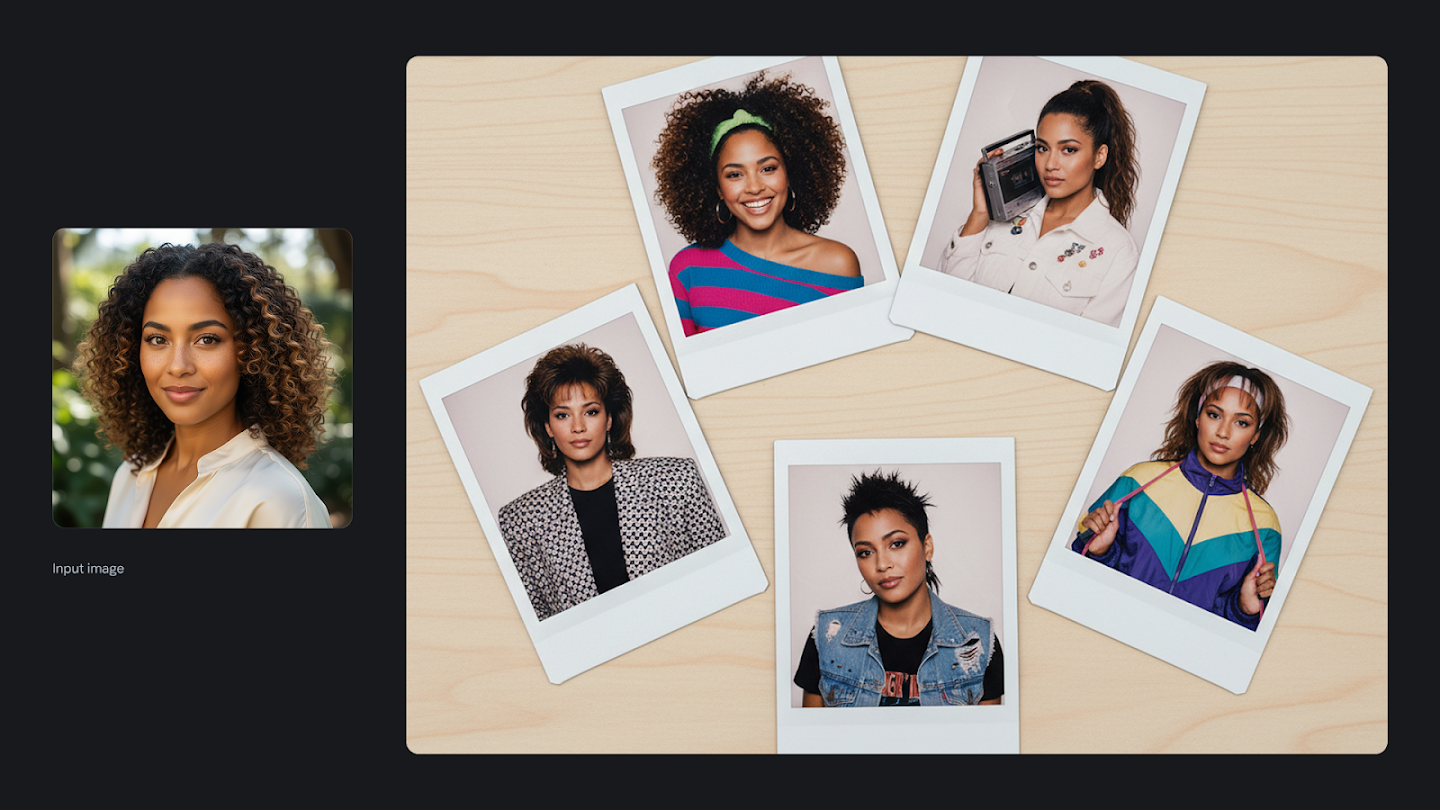 AI-generated image of: a side-by-side comparison. On the left is an input portrait of a woman with curly hair. On the right, the generated output shows five Polaroid prints scattered on a light wood table, each featuring the same woman styled in various 1980s fashions and hairstyles.