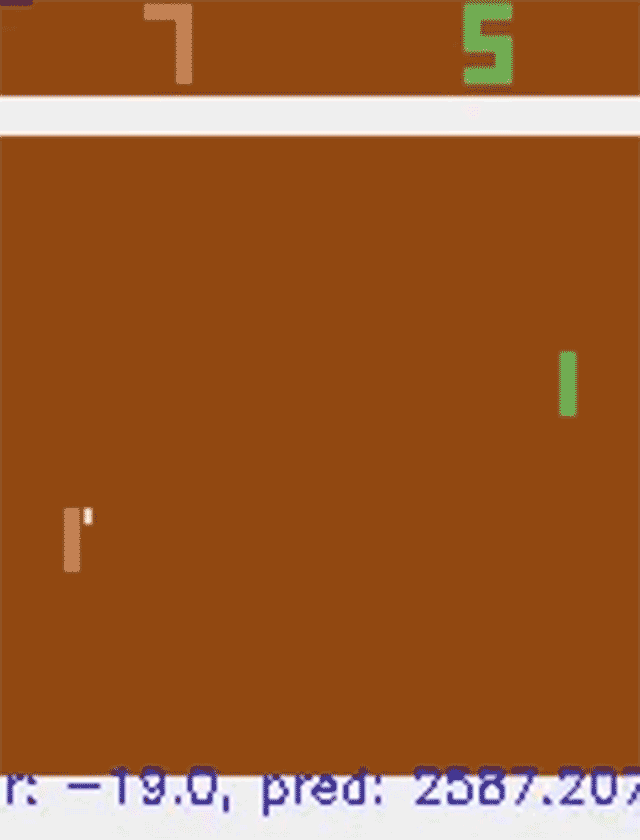 A recording of the agent playing the video game Pong against itself.