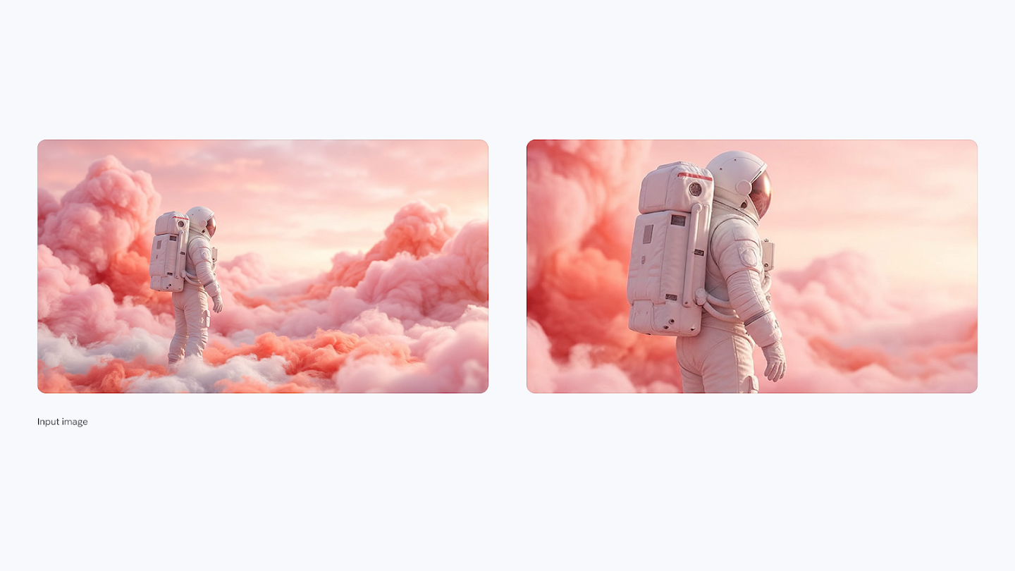 A comparison showing a surreal scene of an astronaut in a landscape of pink, fluffy clouds. The left image depicts the full astronaut standing in the clouds, while the right image is a close-up crop focusing on the texture and details of the astronaut's life-support backpack and helmet.
