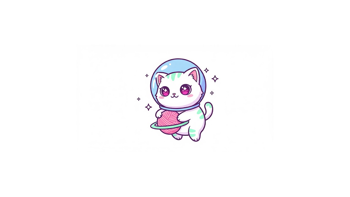 AI-generated image of: a kawaii sticker of a white kitten astronaut wearing a glass helmet and holding a pink yarn ball that resembles a ringed planet